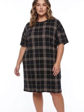 TI VOGLIO Black Plaid Checker Shift Dress Tunic Short Sleeve Plus Size 1X